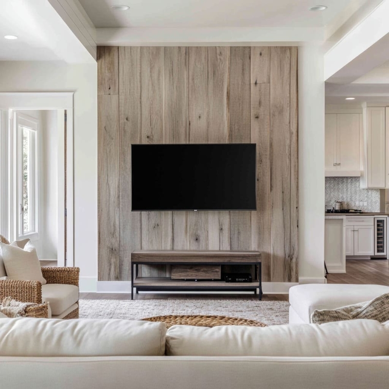 Tv Stand Weathered Finish Vertical Wood Plank Wall Farmhouse Style
