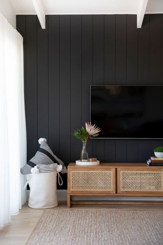 TV Stand with Cane Door Panels | Vertical Shiplap Accent Wall