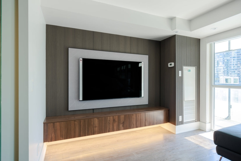 Tv Wall Unit Floating Console with Under Cabinet Glow and Stone Inlay