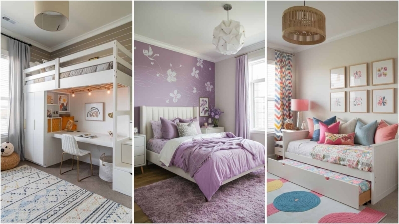 Tween Bedroom Ideas featuring Loft Bed and Floral Accent Wall