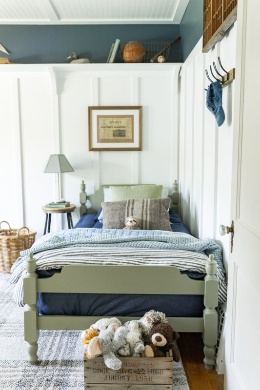Twin Bed with High Wainscoting and Built-In Display Shelf