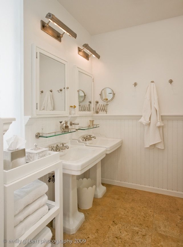 Twin Pedestal Sinks in Traditional Bathroom with Beadboard Wainscoting