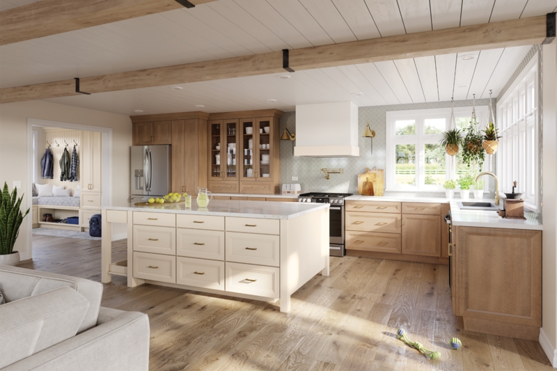 Two-Tone Kitchen Cabinetry Layout With Integrated Mudroom