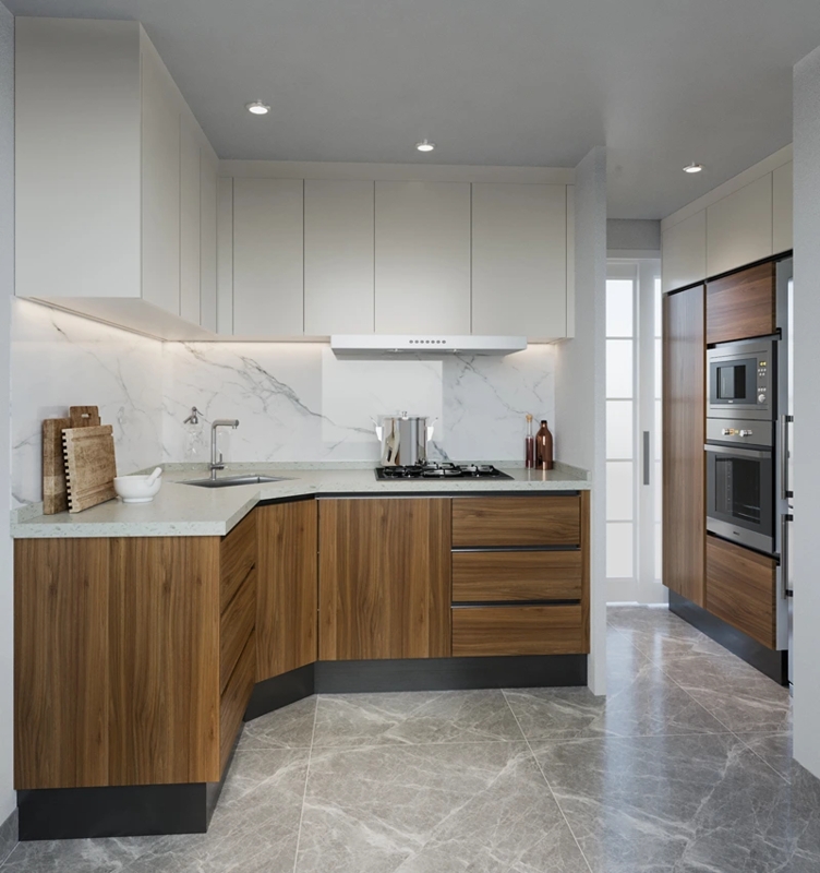 Two-Tone Kitchen Cabinetry with Marble Backsplash