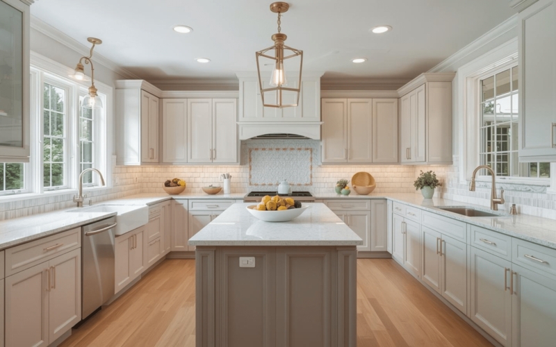 Two-Tone Kitchen Cabinets in Off-White and Taupe with Gold Accents.