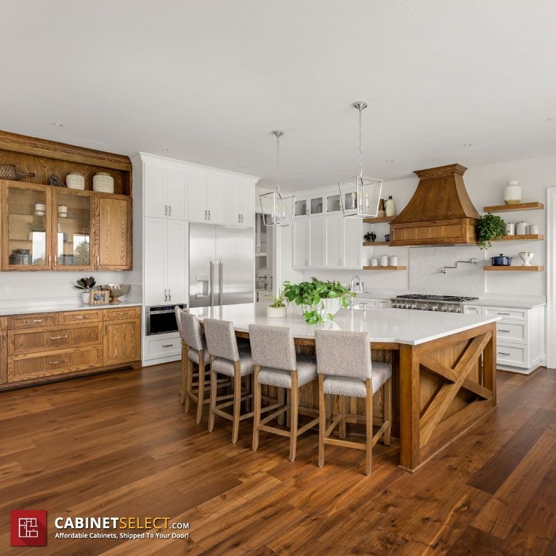 Two-Toned Farmhouse Kitchen with Large Wooden X-Brace Island & Hood