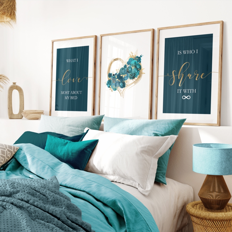 Typography Wall Art Triptych with Layered Bedding Decor