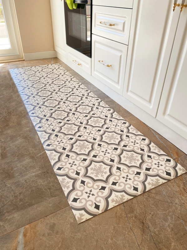Ultra Thin Moroccan Tile Print Vinyl Floor Mat in Grey & White
