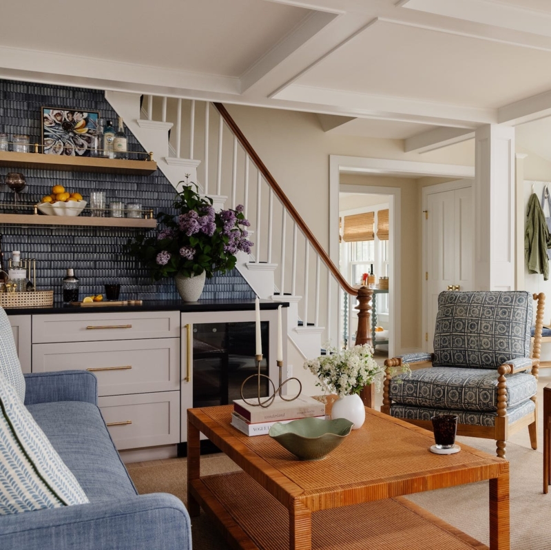 Under-Stair Home Bar Design with Blue Tiled Backsplash