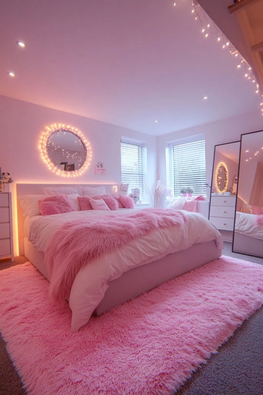 Upholstered Bed: Backlit Headboard, String Lights & Shag Rug