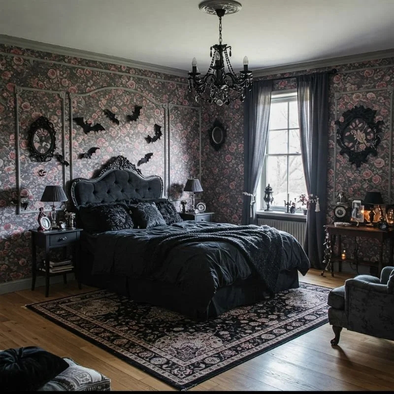 Upholstered Bed: Black Tufted & Floral Wallpaper Whimsigoth Aesthetic