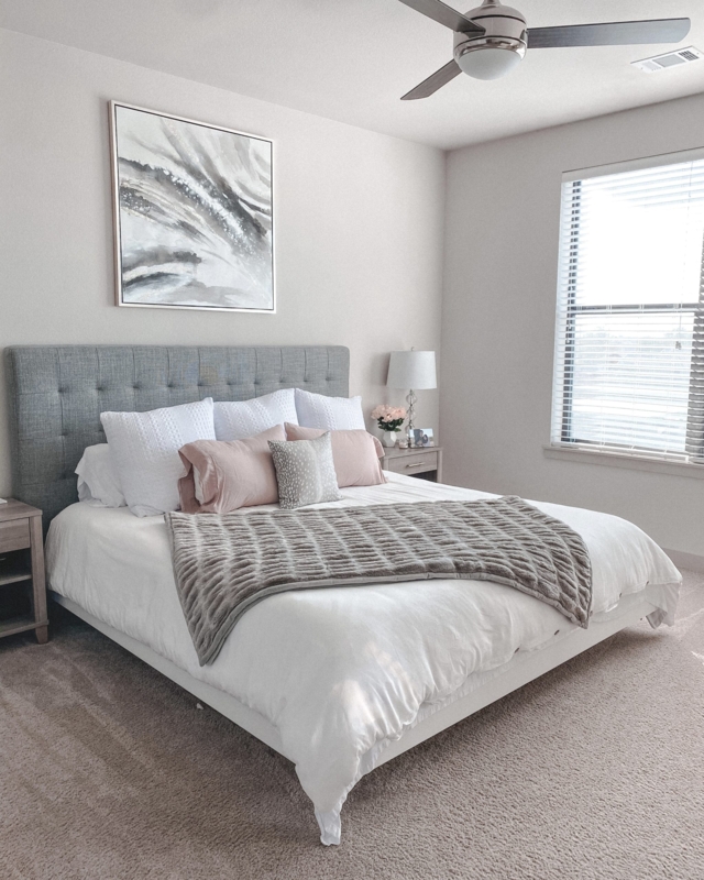 Upholstered Bed Button Tufted Headboard Blush Pink Accents