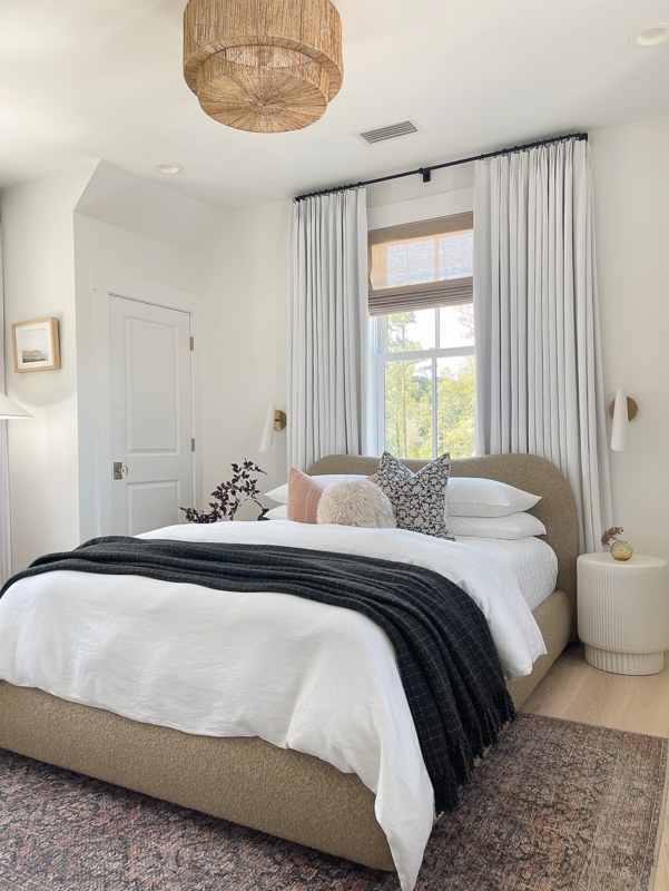 Upholstered Bed featuring Curved Boucle Texture & Woven Pendant