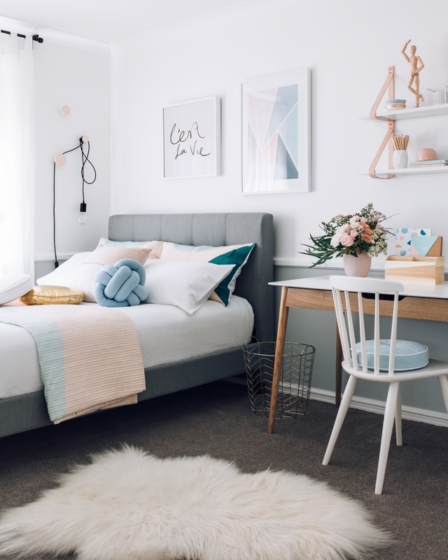 Upholstered Bed: Grey Fabric with Pastel & Scandi Accents