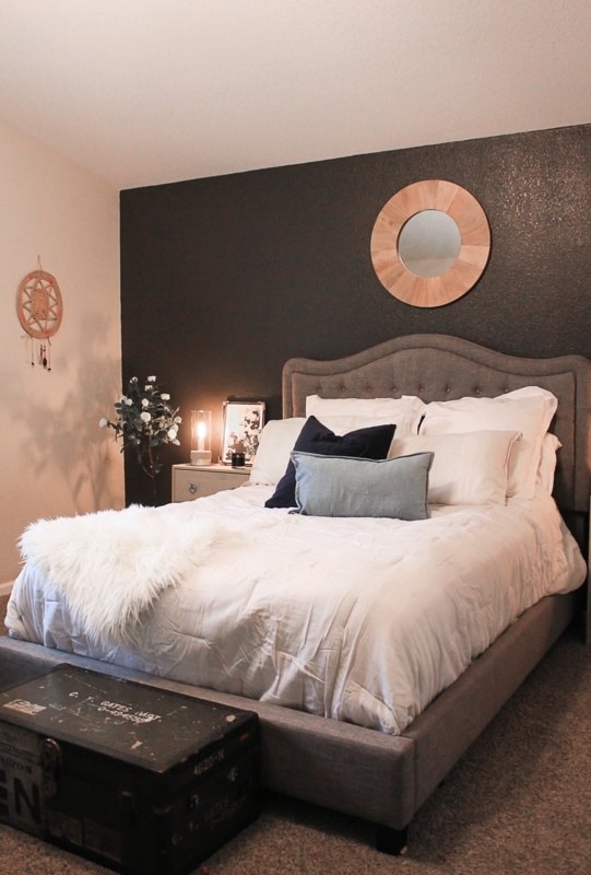 Upholstered Bed, Grey Tufted Headboard against Dark Charcoal Accent Wall