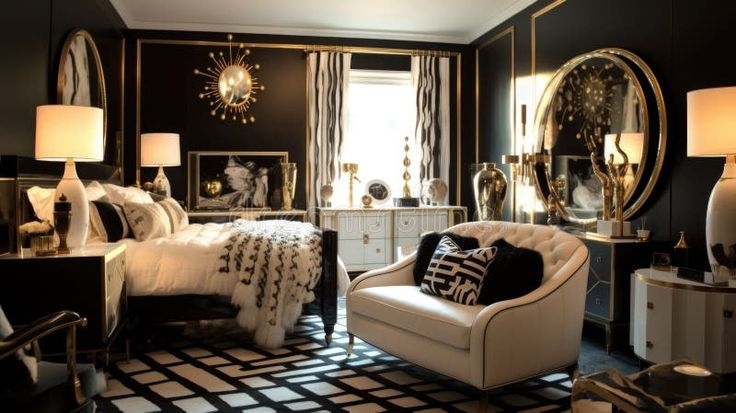 Upholstered Bed in Dramatic Geometric Rug Bedroom with Gold Trim Walls