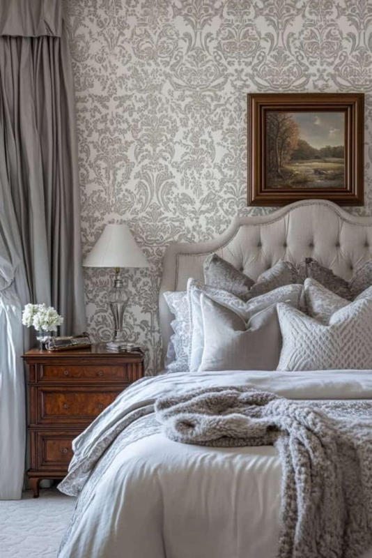 Upholstered Bed in Gray Damask Wallpaper Bedroom with Landscape Art