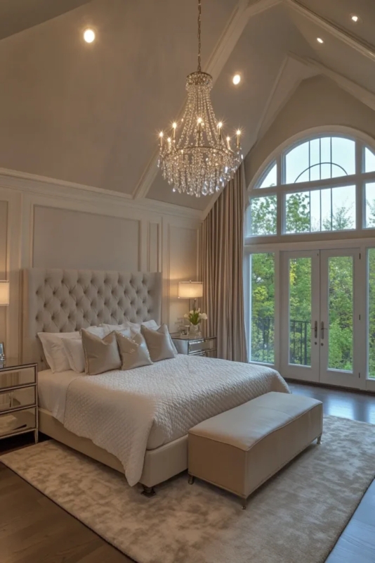 Upholstered Bed in Master Bedroom with Arched Window and Vaulted Ceiling