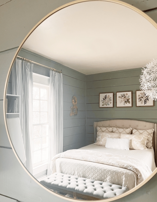 Upholstered Bed in Modern Farmhouse Sage Green Shiplap Bedroom Ideas