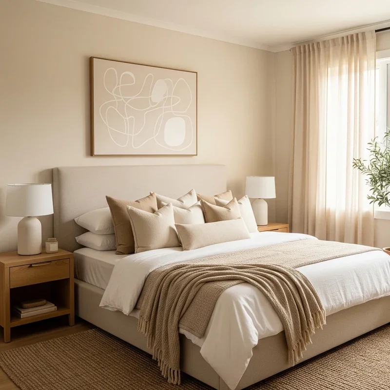 Upholstered Bed in Monochromatic Palette with Serene Bed Decor