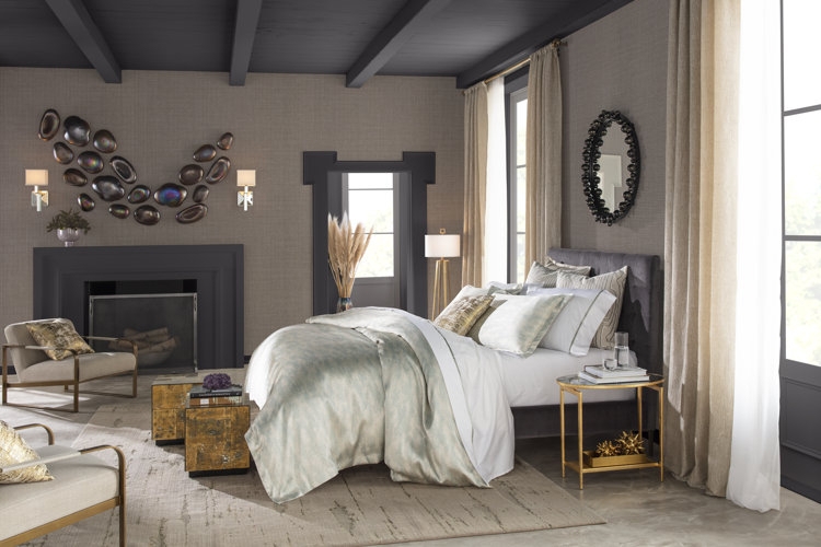 Upholstered Bed: Iridescent Bedding, Sculptural Wall Art & Dark Beams