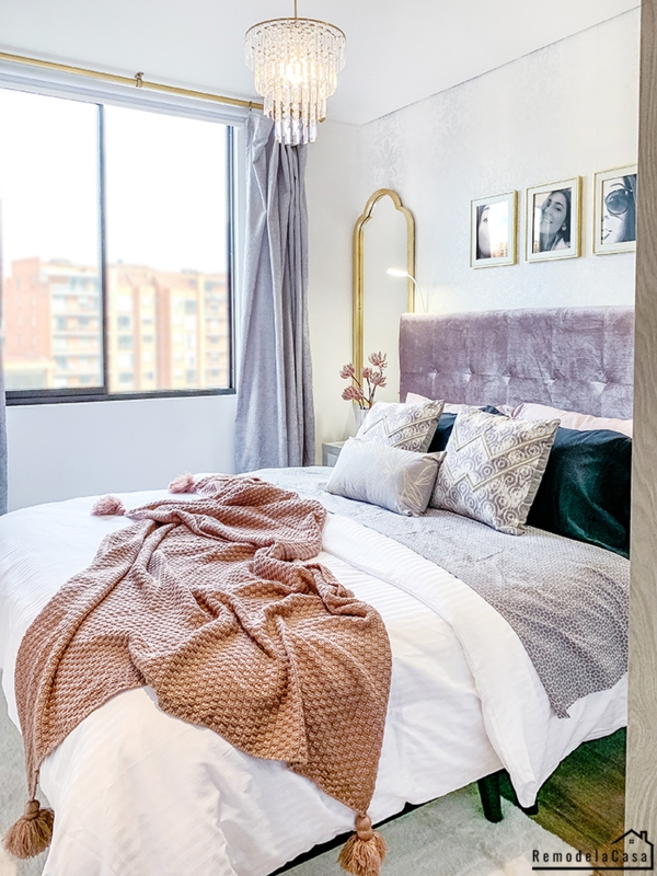 Upholstered Bed: Lilac Velvet Headboard & Coral Waffle Knit Throw