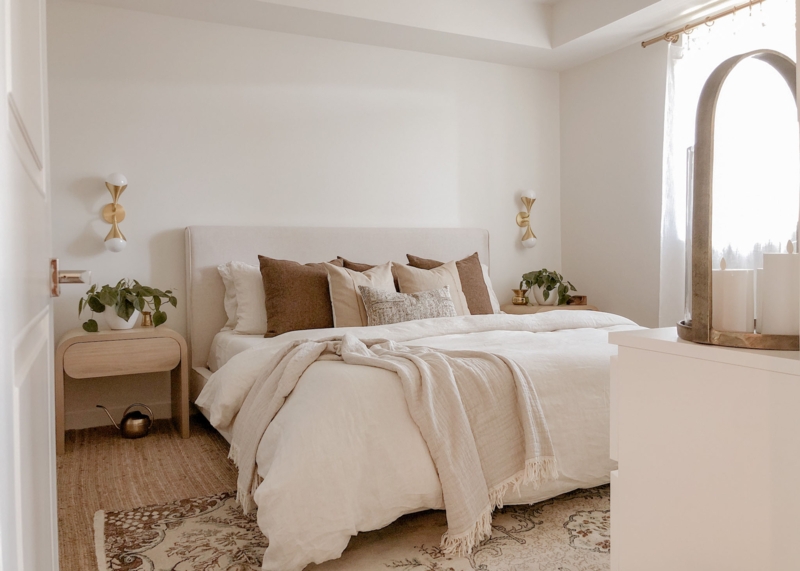 Upholstered Bed Linen Layered Bedding Brass Hourglass Sconces