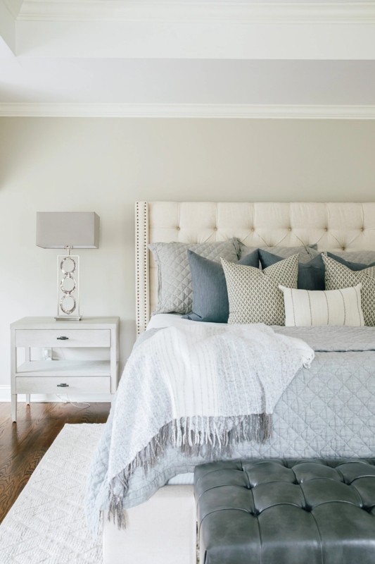 Upholstered Bed, Nailhead Trim, Tiered Nightstand, Sophisticated Style