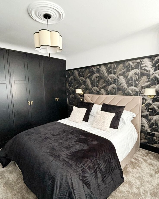 Upholstered Bed Palm Leaf Wallpaper Scalloped Pendant Black Wardrobes