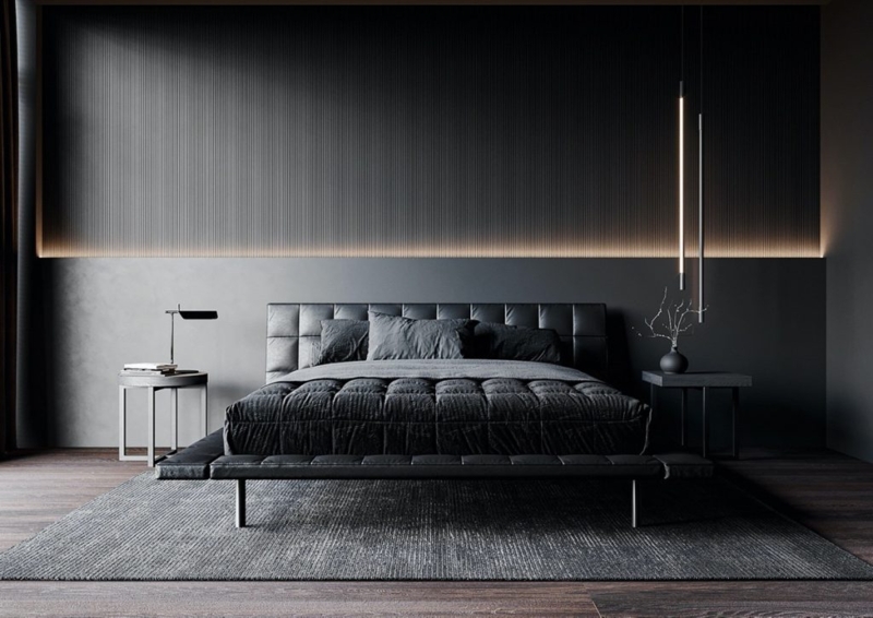 Upholstered Bed Ribbed Wall Paneling Grid Tufted Headboard Backlit