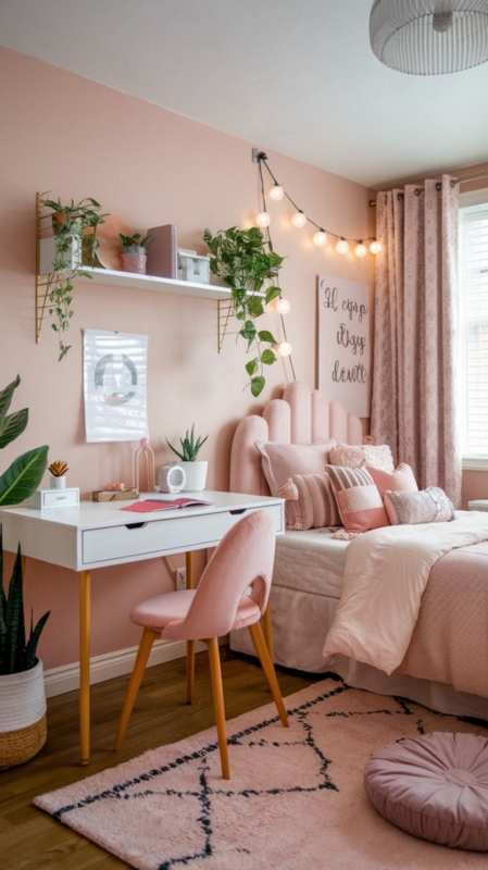 Upholstered Bed: Scalloped Headboard in Blush Pink Design