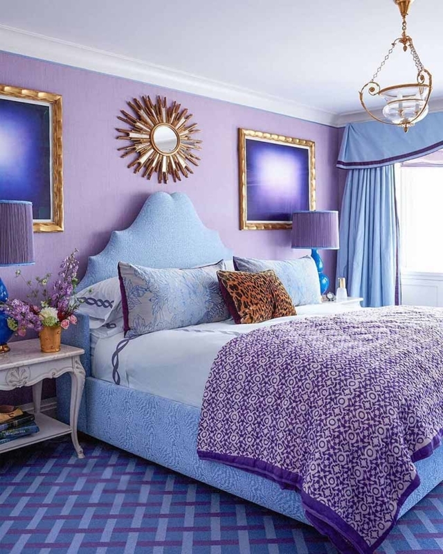 Upholstered Bed Shaped Headboard Maximalist Purple Bedroom Design