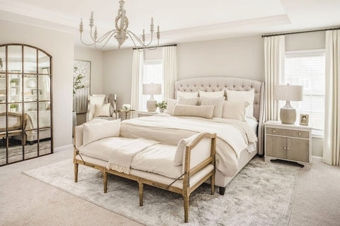 Upholstered Bed, Tufted Headboard, Monochromatic Palette, Arched Mirror