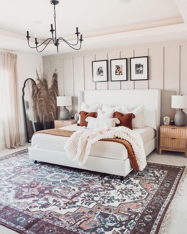 Upholstered Bed, Vertical Board and Batten Wall, Rust Accent Pillows