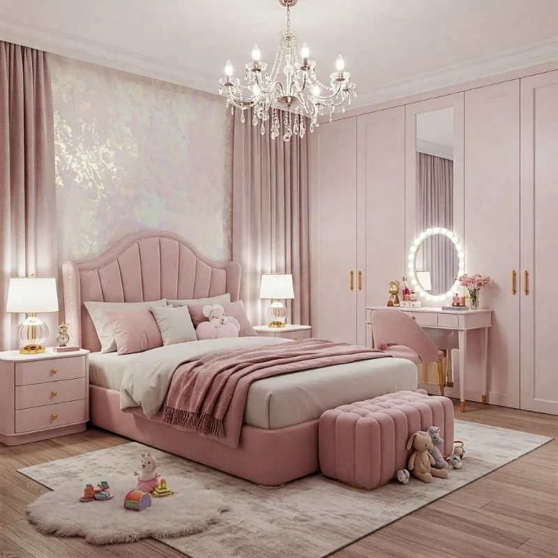 Upholstered Bed with a Scalloped Headboard in a Luxury Pink Bedroom