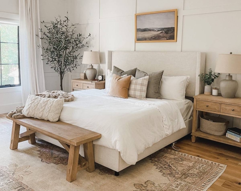 Upholstered Bed with Board and Batten Walls & Rustic Bench