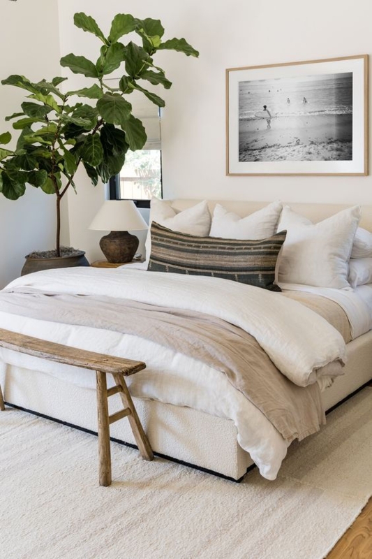 Upholstered Bed with Boucle Texture and Weathered Wood Bench