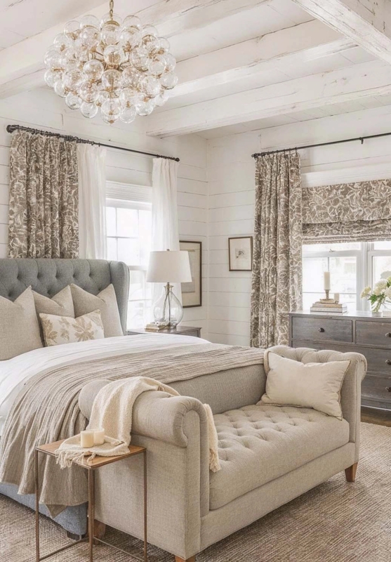 Upholstered Bed with Bubble Glass Chandelier and Whitewashed Beams