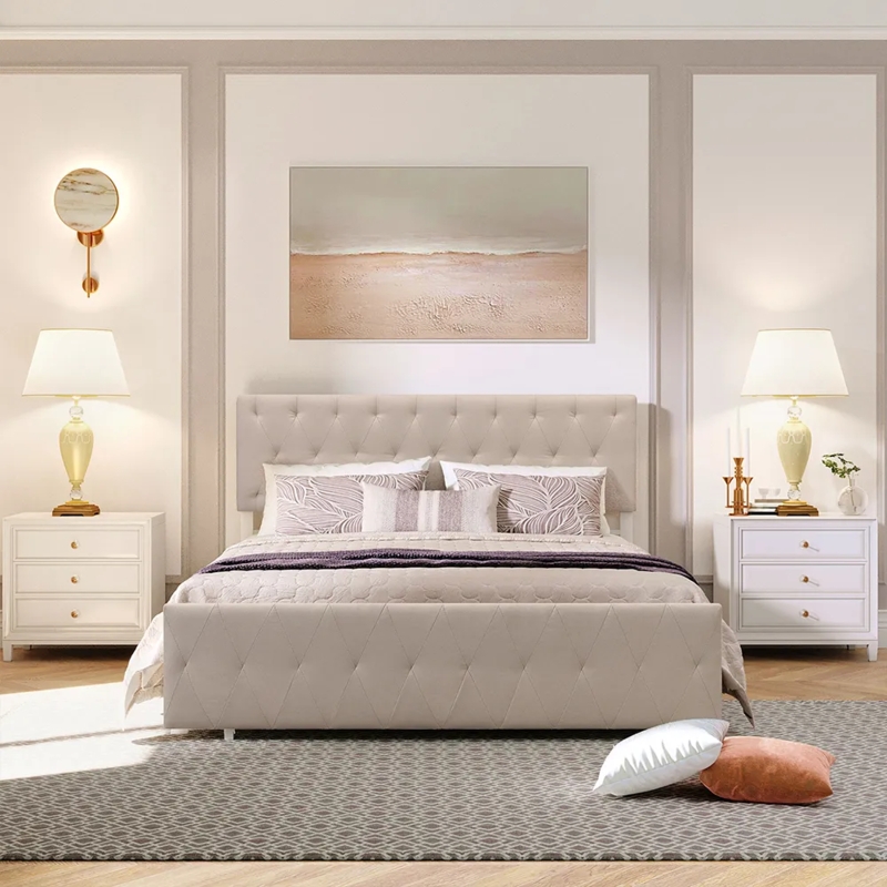 Upholstered Bed with Button Tufted Headboard & Diamond Quilted Frame