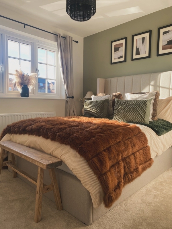 Upholstered Bed with Channel Tufted Headboard and Olive Green Accent Wall