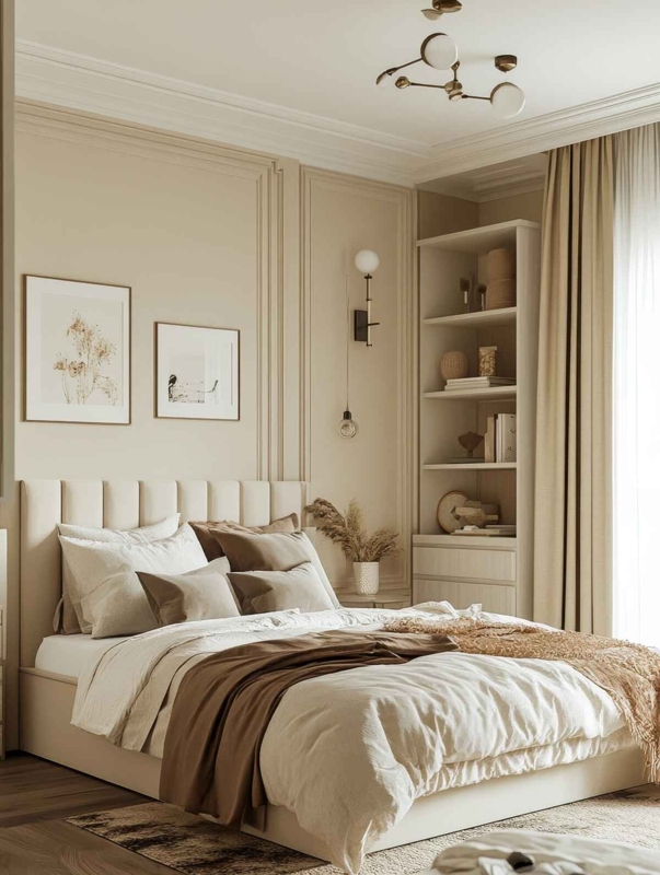 Upholstered Bed with Channel Tufted Headboard and Wall Molding Detail