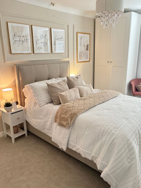 Upholstered Bed with Channeled Headboard and Wall Paneling Cream Decor