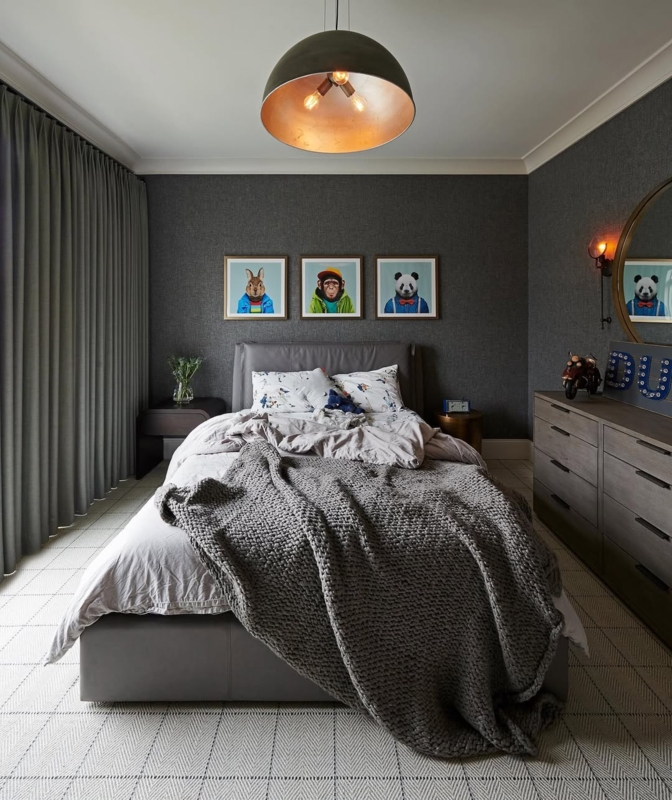 Upholstered Bed with Chunky Knit Throw and Animal Portraits
