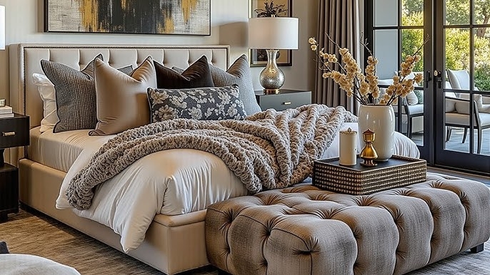 Upholstered Bed with Chunky Knit Throw & Tufted Ottoman, Cozy Decor