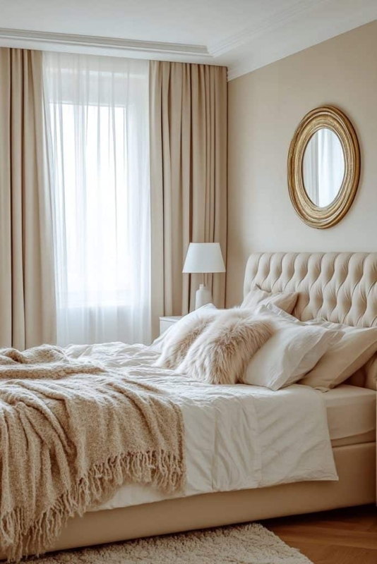 Upholstered Bed with Diamond Tufting and Elegant Oval Gold Mirror