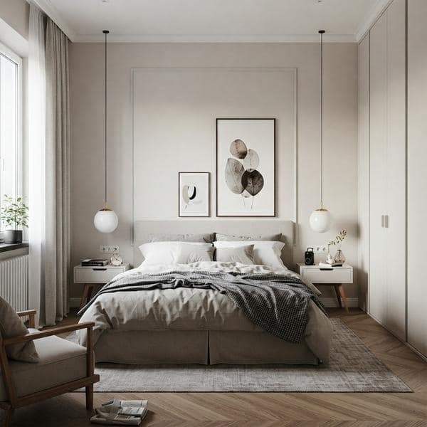 Upholstered Bed with Globe Pendants and Herringbone Flooring