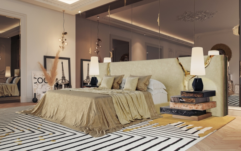Upholstered Bed with Gold Inlay Headboard and Stacked Nightstand