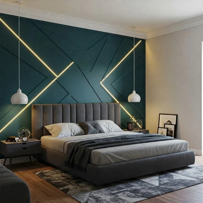 Upholstered Bed with Integrated LED Wall and Channel Tufted Styling