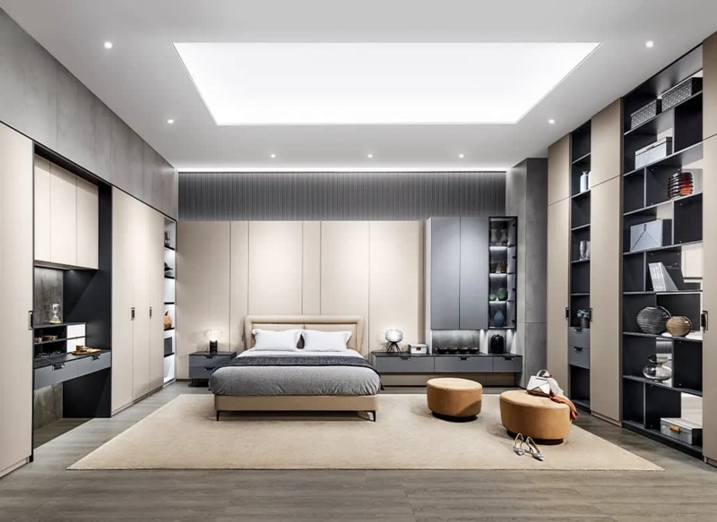 Upholstered Bed with Integrated Wardrobe Walls, Built-in Storage