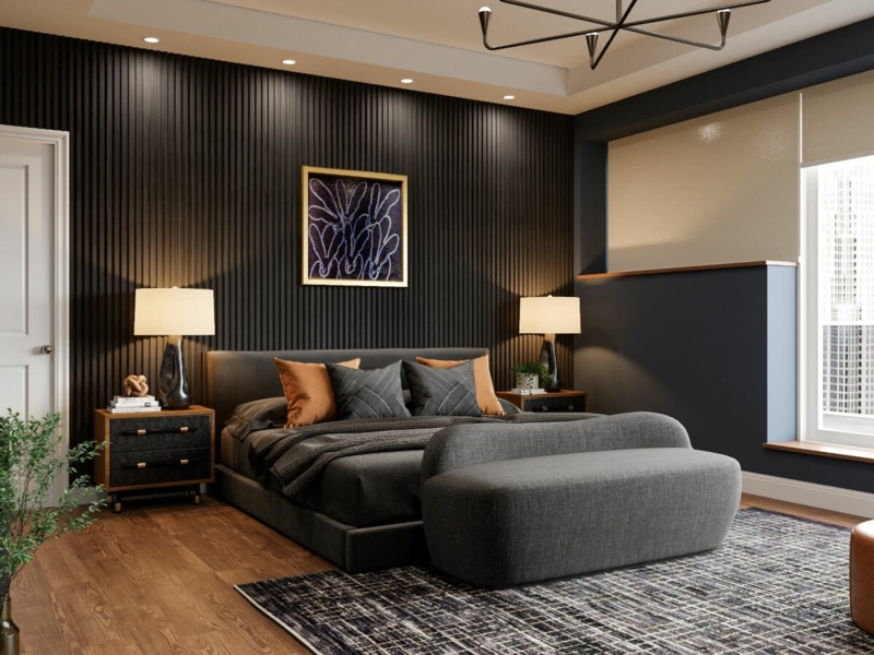 Upholstered Bed with Matching Bench against Vertical Slat Wall